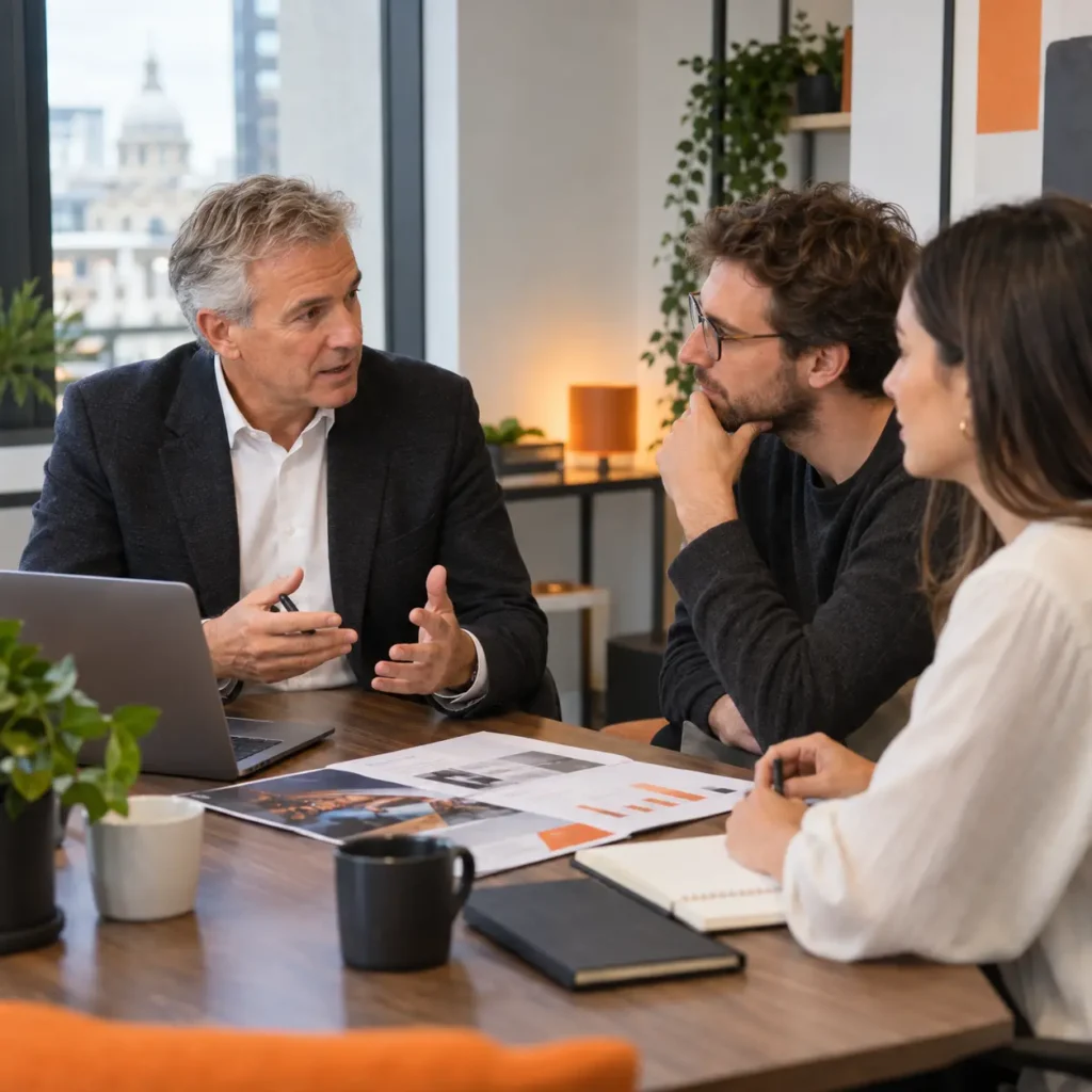 UK founders discussing an investment proposal with an experienced angel investor