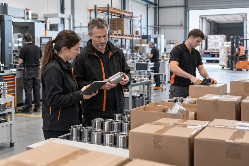 Manufacturing team reviewing a customer order and goods for dispatch