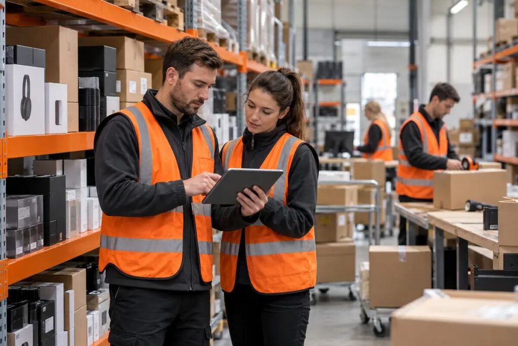 Warehouse team checking stock records on a tablet