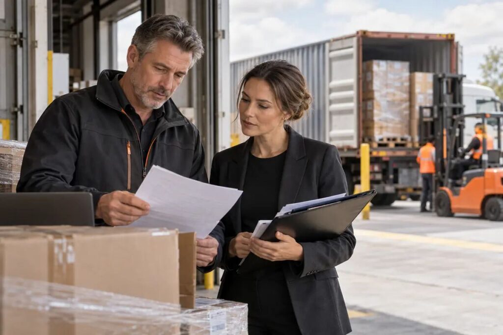 Business owners reviewing supplier documents beside a warehouse loading bay