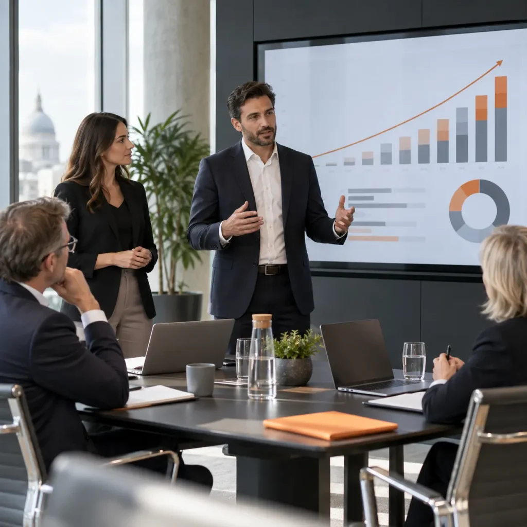 UK scale-up team presenting its growth plan to professional investors