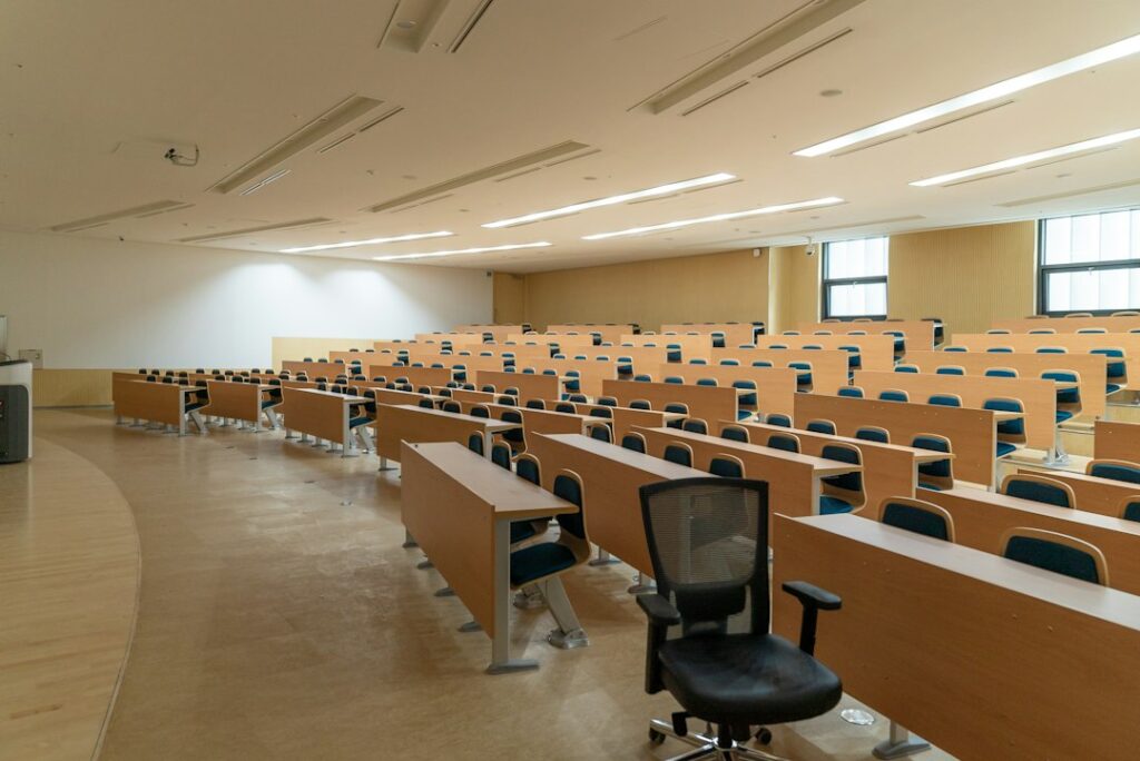 Classroom with desks and teaching technology for education equipment funding