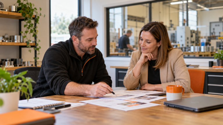 Business owner and adviser reviewing a funding plan